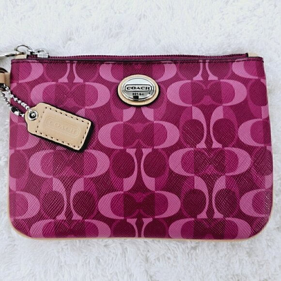 COACH Fushia Signature Logo Canvas and Leather Top Zip Wristlet Wallet Organizer - Picture 4 of 16